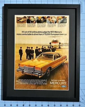 Framed Mercury Car Airline Pilots 1973 Vintage Print Ad